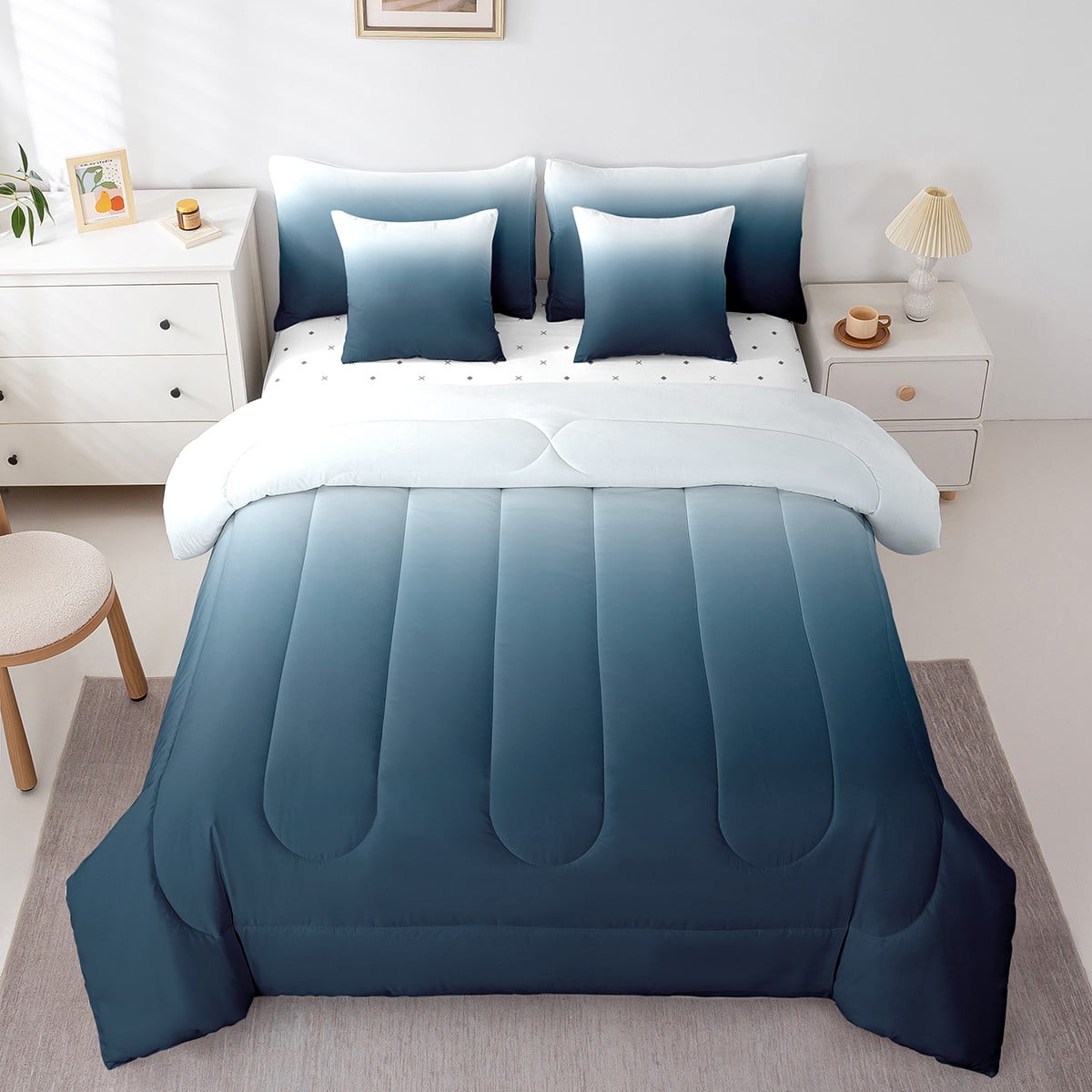 YST Blue Ombre Bed in a Bag 7 Piece,Kids Bedding Set Queen Size,Blue