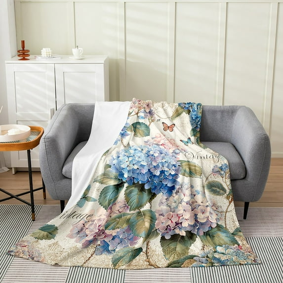 Blue Pink Hydrangea Blanket Woman,Flying Butterfly Throw Blanket 40x50 Inch,Vintage Floral Plants Fleece Blanket,Spring Garden Theme Flannel Blanket Warm