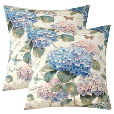 Blue Pink Hydrangea Throw Pillow Covers Pack of 2,Flying Butterfly Pillow Covers 18x18 Inch,Vintage Floral Plants Cushion Covers,Spring Garden Theme Decorative Accent Pillow Cases