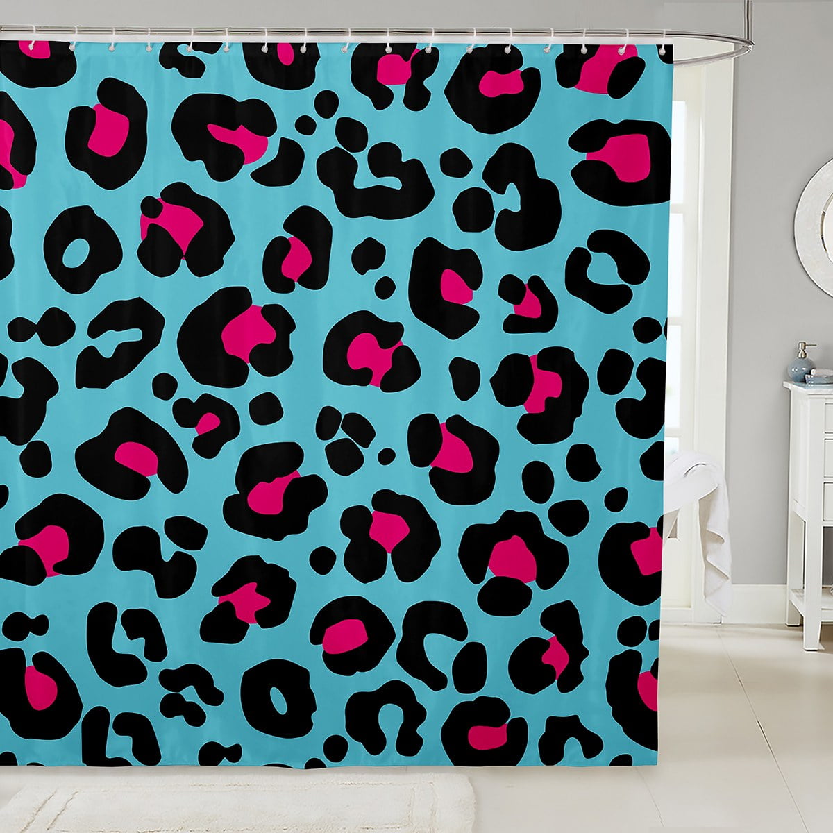 YST Blue Pink Leopard Print Bath Curtain Cheetah Print Shower Curtain