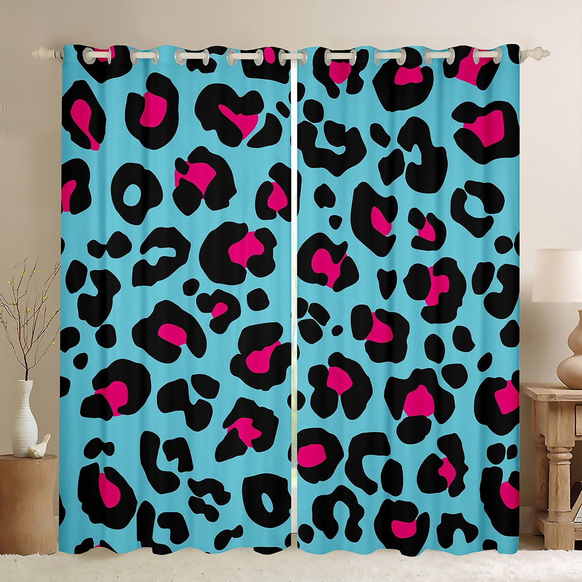 YST Blue Pink Leopard Print Blackout Curtains Cheetah Print Curtains