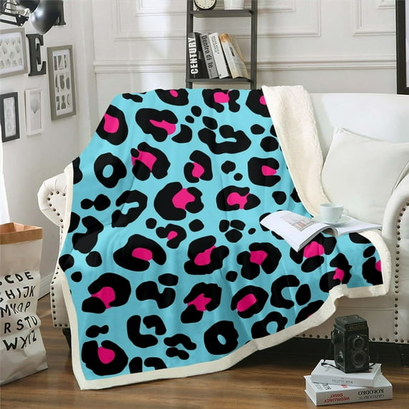 YST Blue Pink Leopard Print Blanket Cheetah Print Throw Blanket for Bed, Wild Animal Fleece Blanket Safari Wildlife Sherpa Blanket, Modern Abstract Fuzzy Blanket