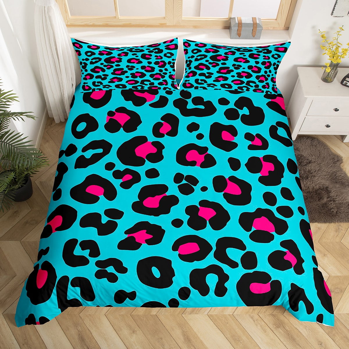 YST Blue Pink Leopard Print Comforter Cover Cheetah Print Bed Set, Wild