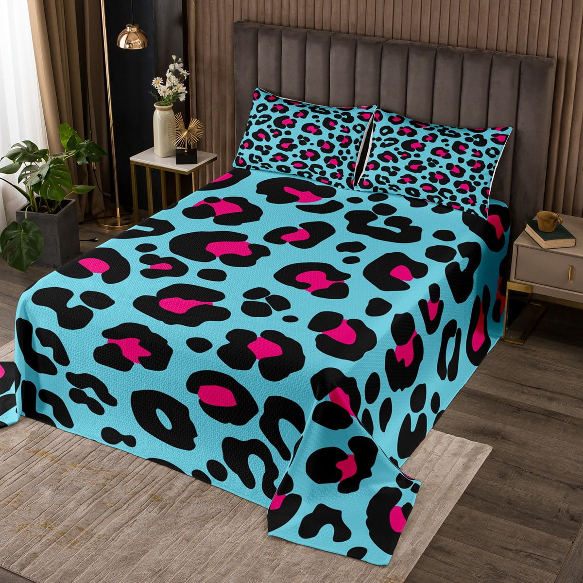 YST Blue Pink Leopard Print Twin Quilt Set Cheetah Print Coverlet Set