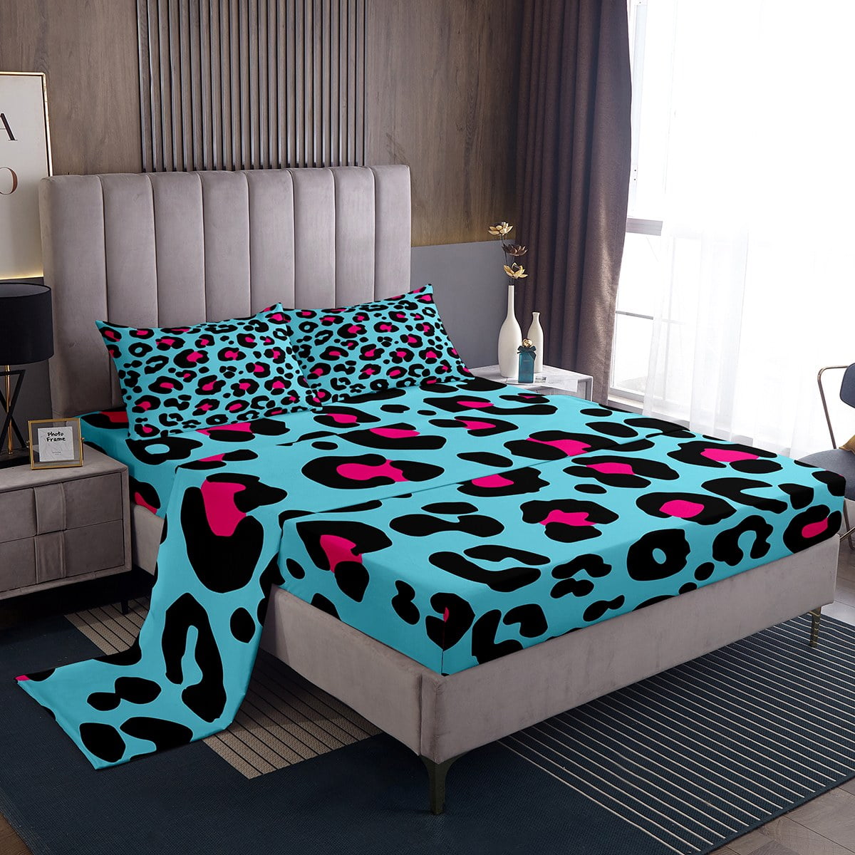 YST Blue Pink Leopard Print Twin Sheets Cheetah Print Bed Set, Wild