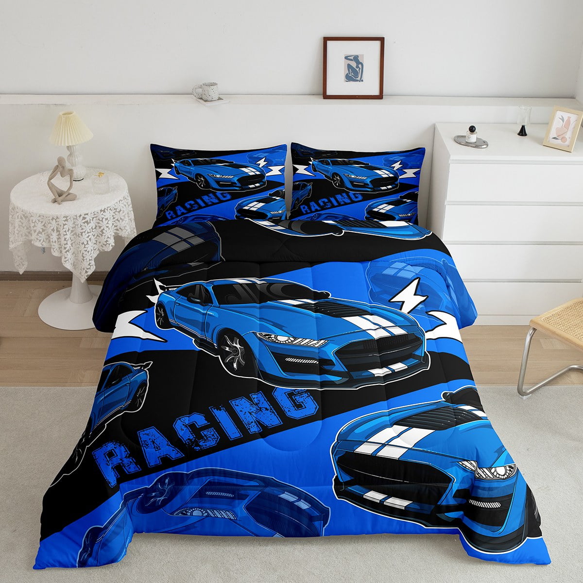YST Blue Race Car Bedding Set for Boys Sports Car Comforter Set King