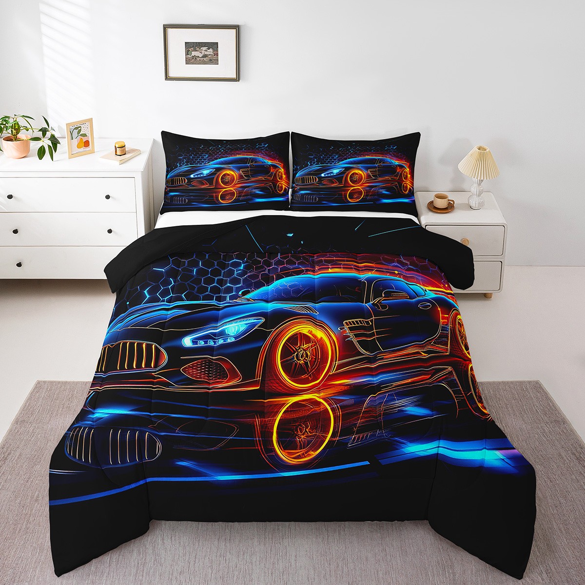 YST Blue Race Car Comforter Set Queen Size Neon Geometric Honeycomb yst-blue-race-car-comforter-set-queen-size-neon-geometric-honeycomb