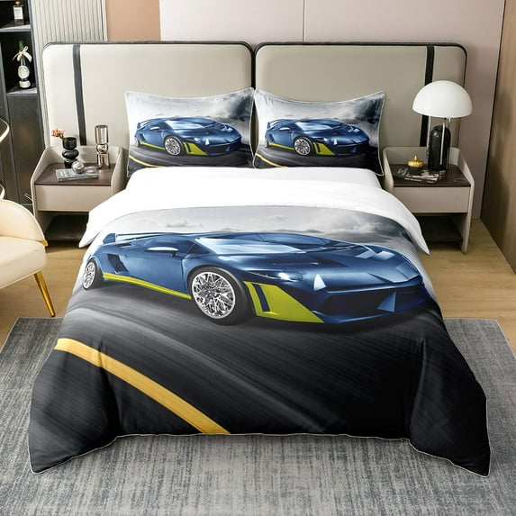 YST Blue Race Car Twin Bedding Set, Racing Car Comforter Cover For Kids Boys Teens, Cool Speed Racing Car 100% Cotton Duvet Cover Racing Car Gifts For Men, Extreme Sports Car Quilt Cover
