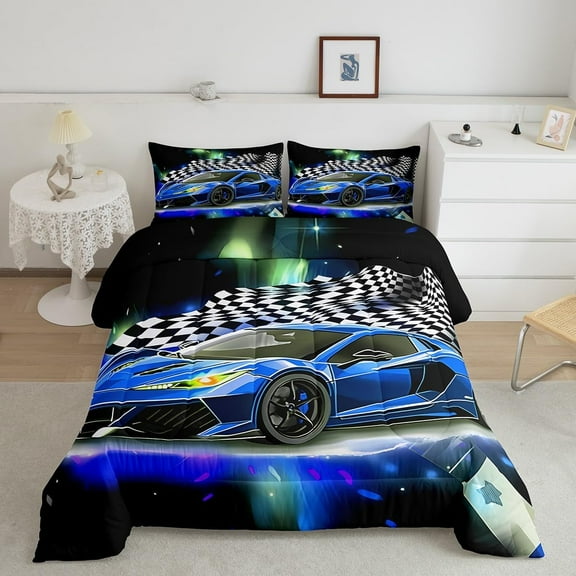 Blue Racing Car Comforter Set Twin Size,Fast and Furious Extreme Sport Games Bedding Sets Teens,Sports Car Bed in A Bag,Cool Modern Duvet Insert