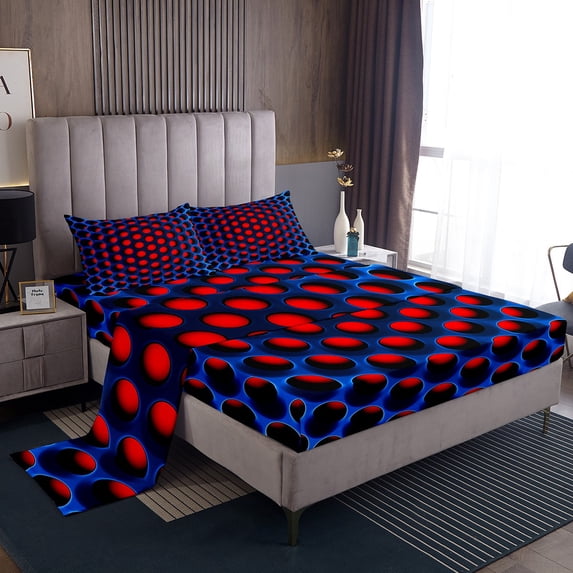 Erosebridal Blue And Red Bedding,Geometric Honeycomb Sheet Set Full Teen Men,Abstract Geometry Bed Sheets 3D Neon Geometrical Fitted Sheet + Flat Sheet + 2 Pillow Cases