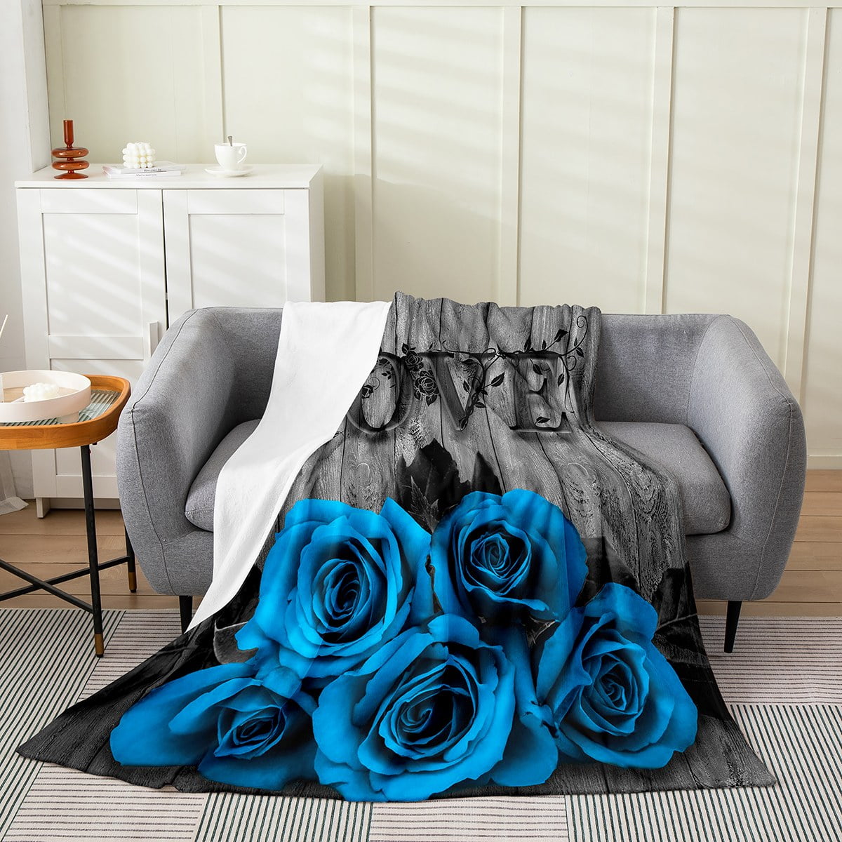 Blue Rose Floral Print Blanket
