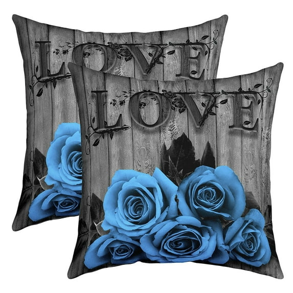 Blue Rustic Rose Floral Throw Pillow Covers 18x18 inch set of 2,Valentine'S Day Cushion Cases Blue Black Romantic Flower Square Pillow Cases Pastoral Garden Cushion Covers for Sofa Bedroom