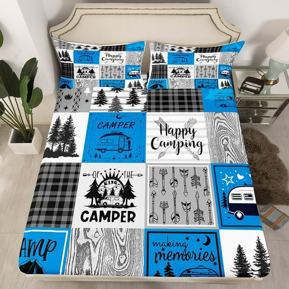 Blue Rv Bedding Set Queen Rustic Camper Decor Bed Sheets Camping Bunk Accessories For Camper Car,Rv Fitted Sheet For Travel Trailers Country Buffalo Plaid Pine Tree Arrow Bed Cover
