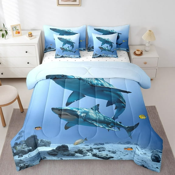 Blue Sea Shark Comforter Set Twin Size 7 Piece Ocean Marine Animal Bed in a Bag Coastal Nautical Bedding Set (1 Comforter,1 Fitted Sheet,1 Flat Sheet,2 Pillowcases,2 Throw Pillow Covers)