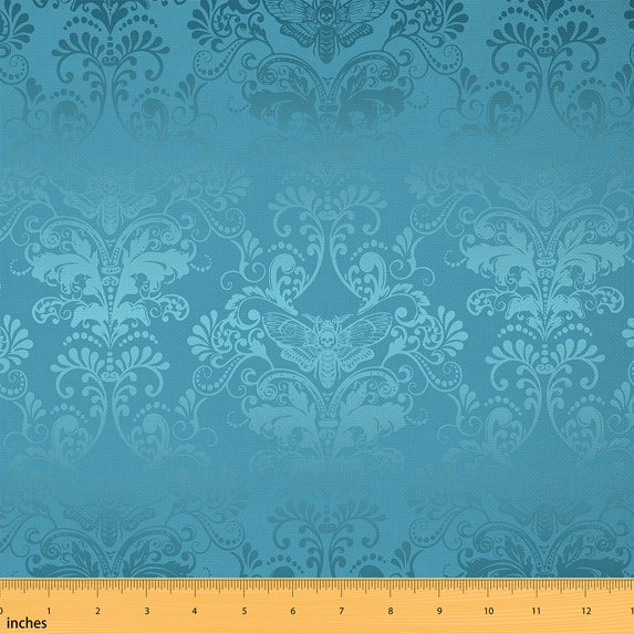 Blue Silvery Decorative Fabric by the Yard Butterfly and Floral Elements Oriental Antique Classcial Upholstery Fabric for Quilting Sewing Gothic Sugar Skull Skeleton DIY Fabric,3 Yards