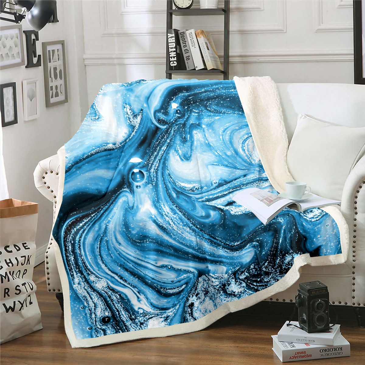 YST Blue Tie Dye Sherpa Blanket Navy Gradient Ombre Blanket, Watercolor