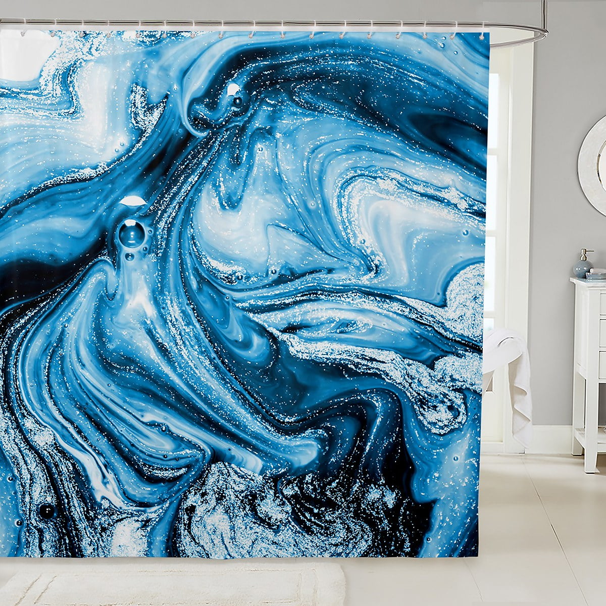 YST Blue Tie Dye Waterproof Bathroom Curtain Navy Gradient Ombre Bath