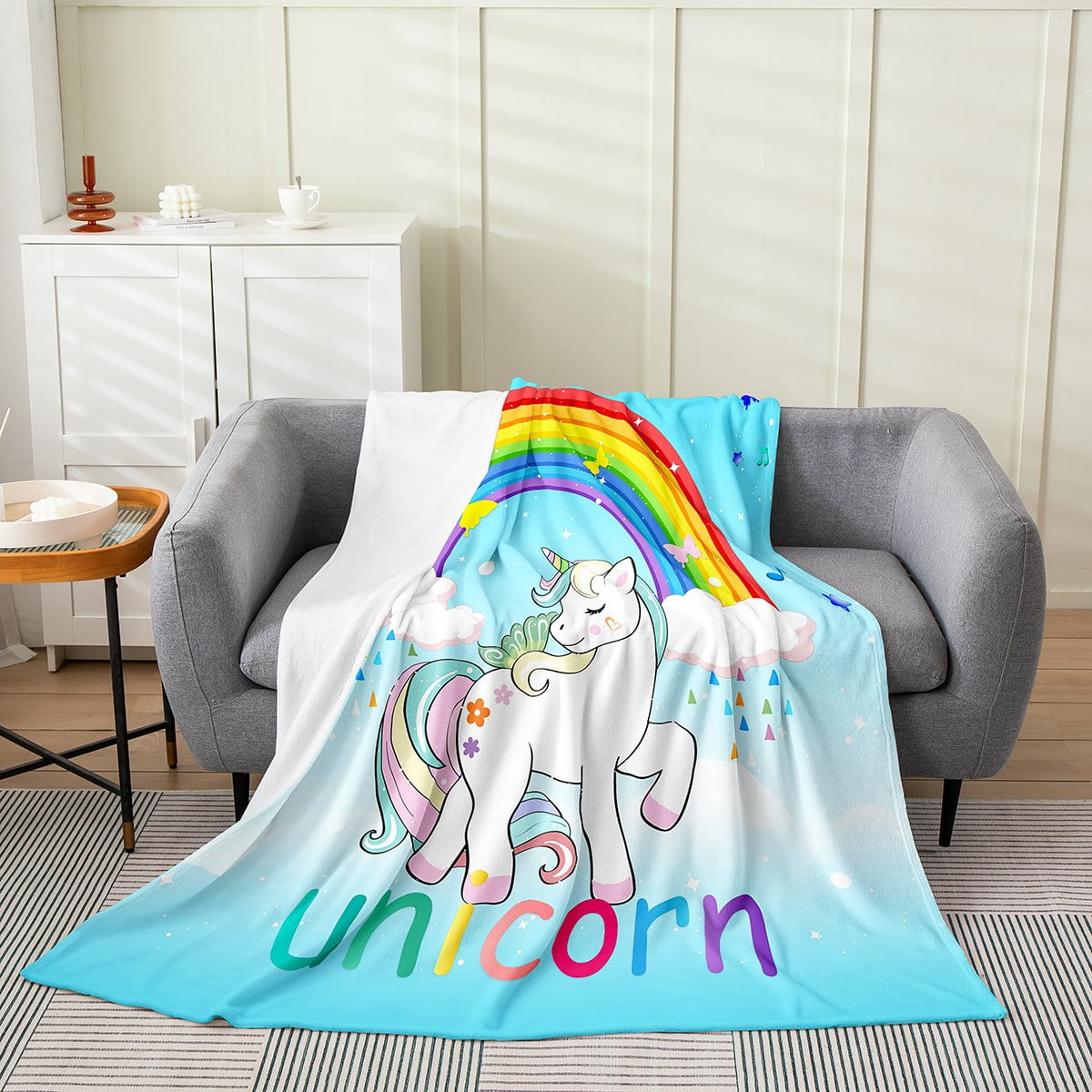 YST Blue Unicorn Fleece Blanket Twin Size for Girls Cute Unicorn Kids