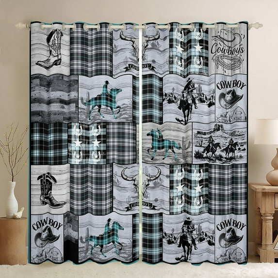 Erosebridal Blue Western Curtains Bedroom 52"Wx63"L Cowboy Horse Curtains & Drapes Boho Western Bull Cow Window Curtains American Wild West Window Treatments 2 Panels Farmhouse Decor