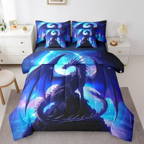 YST Blue Western Dragon Bed In A Bag Twin,Moon Dragon Kids Bedding Set For Teen Boys,Magical Animal Wildlife Comforter Set 7 Piece Fantasy Creature Sheet Set With Comforter