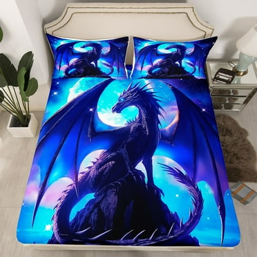 YST Blue Western Dragon Bedding Sheets Twin,Moon Dragon Kids Bed Sheets For Teen Boys,Magical Animal Wildlife Fitted Sheet Fantasy Creature Sheets 2 Piece Bedding