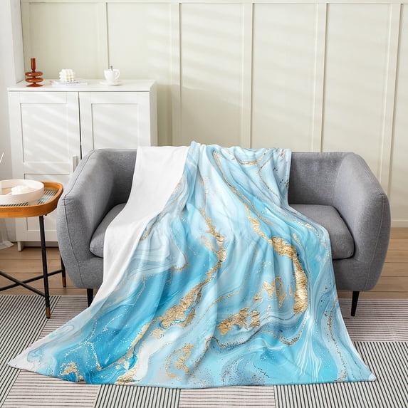 Blue White Marble Blanket ,Ombre Marble Texture Throw Blanket,Golden Tie Dye Fleece Blanket All Season,Abstract Marbling Art Flannel Blanket Queen 90x90 Inch