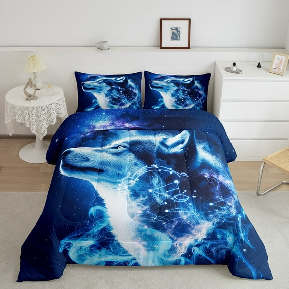 Blue Wolf Comforter Set Twin Adults,Galaxy Constellation Bedding Set Bedroom Decor,Safari Bedding Comforter Sets Exotic Bohemian Style Quilt Bed Set 2Pcs