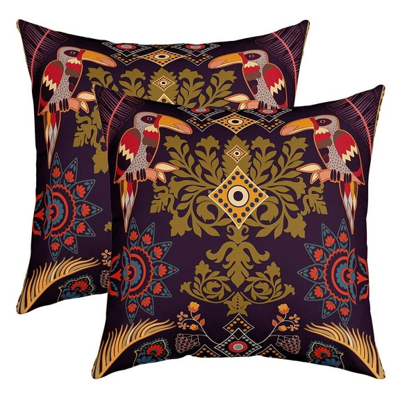 Bohemia Vintage Style Throw Pillow Covers,Colorful Birds Cushion Cases 16x16 inch set of 2,Retro Geometric Pattern Cushion Covers,India Aztec Square Pillow Cases for Western Soft,Black Brown