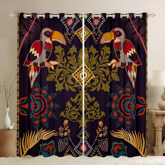Erosebridal Bohemia Vintage Style Window Curtains,Colorful Birds Curtains & Drapes 42x90 inch,Retro Geometric Pattern Blackout Curtains for Living Room,India Aztec Curtains for Western,Black Brown