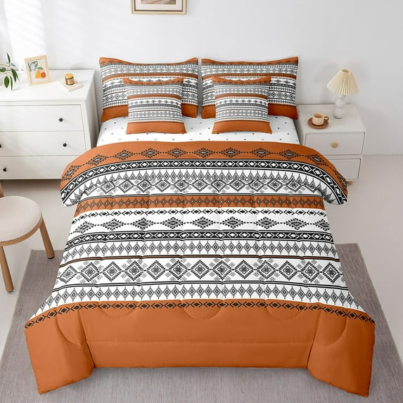 Bohemian Bedding Set Full Size 7 Piece Bed In A Bag,Boho Aztec Comforter Set Teens Adult,Geometric Diamond Sheet Set Bed In A Bag American Bed Set With 2 Pillow Cases