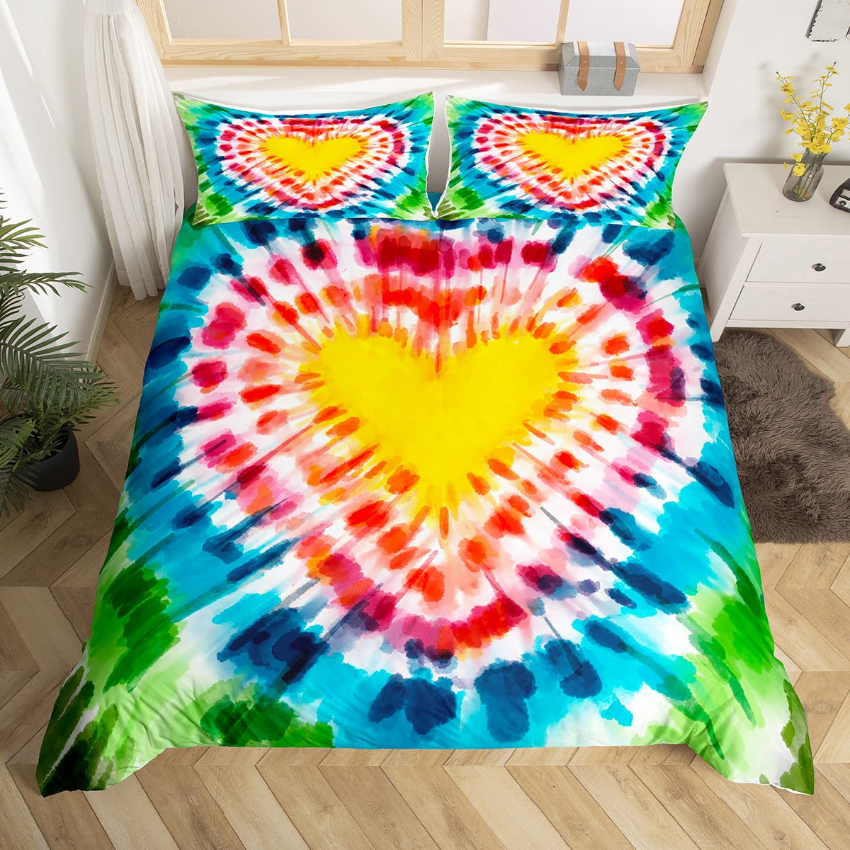 YST Bohemian Comforter Cover Rainbow Tie Dye Bed Set, Love Heart Print