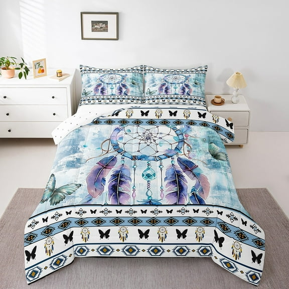 Bohemian Dream Catcher King Bedding Sets Women Ombre Blue Comforter Set,Boho Aztec Striped Duvet Insert Chic Butterfly Down Comforter,Gradient Aesthetic Bedding Comforter Sets
