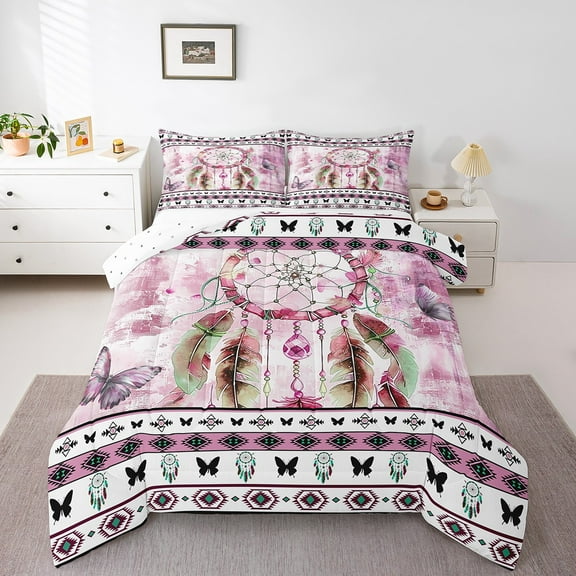 Bohemian Dream Catcher Queen Size Comforter Set Women Ombre Pink Bedding Set,Boho Gradient Aztec Down Comforter Chic Butterfly Bed Set,Abstract Aesthetic Quilted Duvet