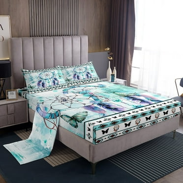 YST Bohemian Dreamcatcher Bed Sheets Set Hippie Aztec Twin Sheet Set, Teal Ombre Sheets for Girls Blue Butterfly Bed Set, Watercolor Gradient Flat Sheet