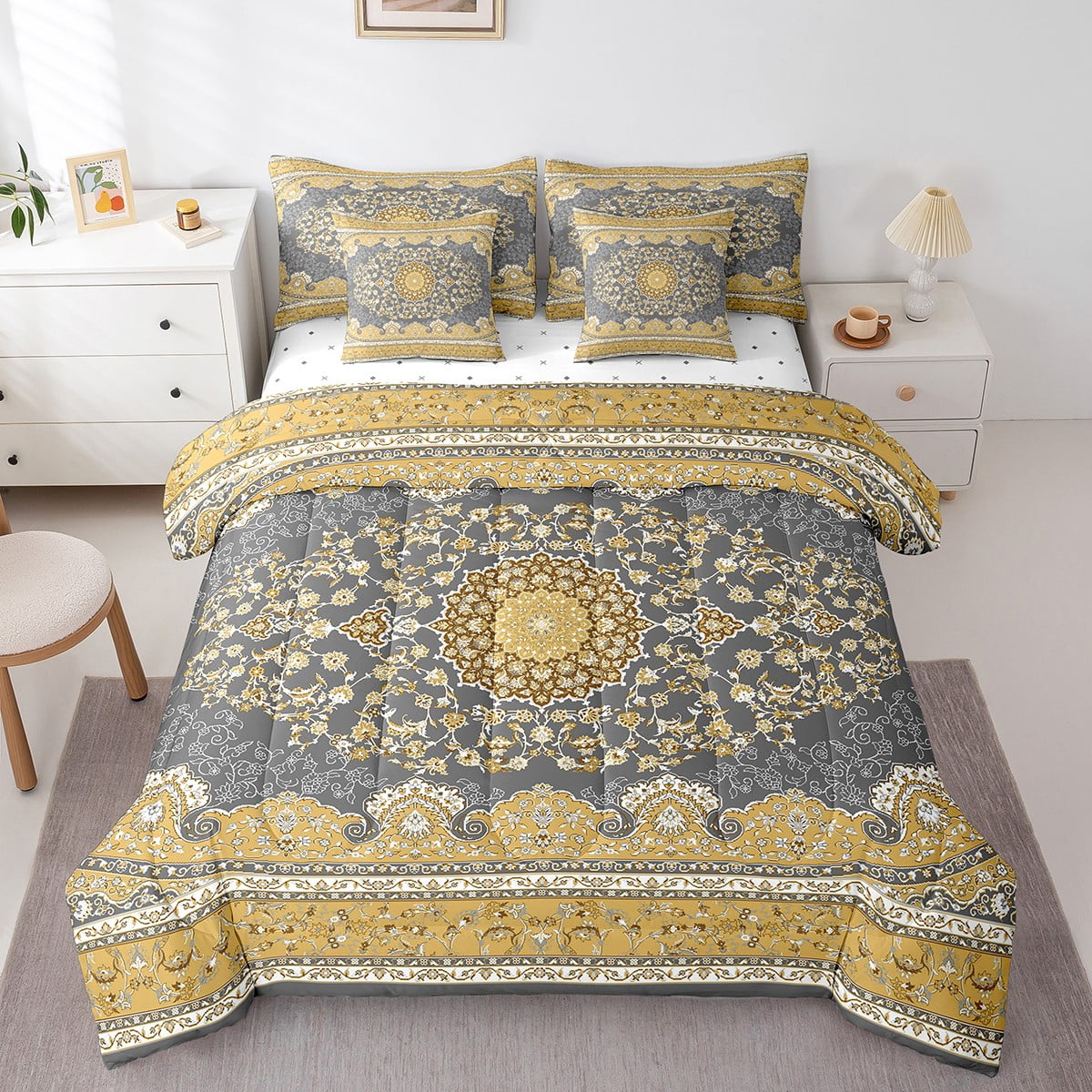 Quilt Bedding Set-Flower&Geometric European Grey