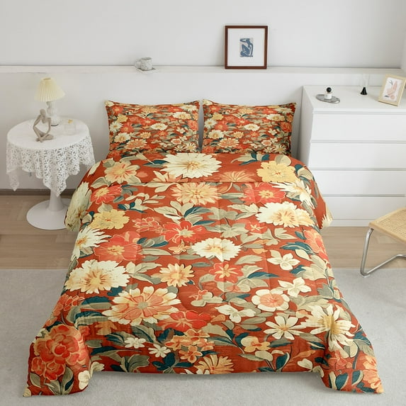Bohemian Flowers Comforter Set Full,Vintage Groovy Floral Bedding Set,Retro Boho Daisy Blossoms Down Comforter,Garden Natural Flower Petal Duvet Insert with 2 Pillow Cases,Orange