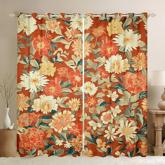 Bohemian Flowers Curtains,Vintage Groovy Floral 30%-50% Blackout Curtains,Retro Boho Daisy Blossoms Darkening Curtains,Garden Natural Flower Petal Window Curtains & Drapes,Orange 42"X84"