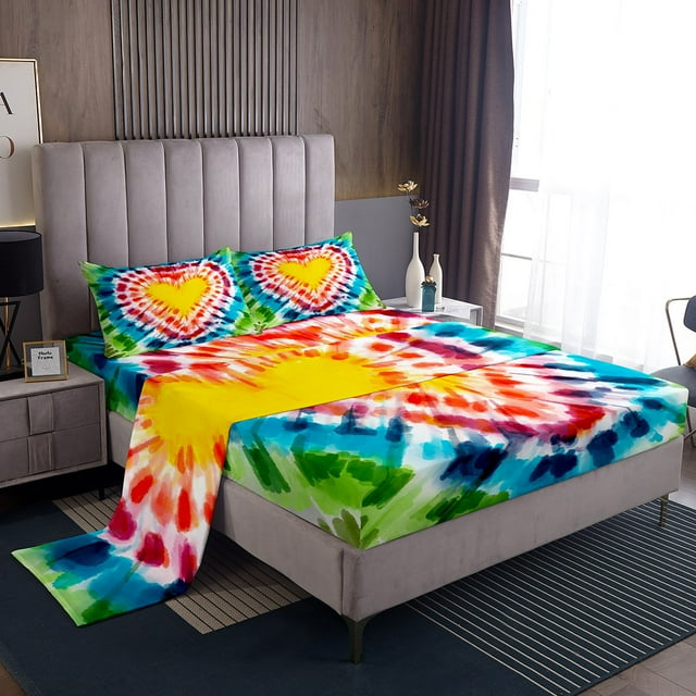 YST Bohemian Full Sheets Rainbow Tie Dye Bed Set, Love Heart Print Bed ...