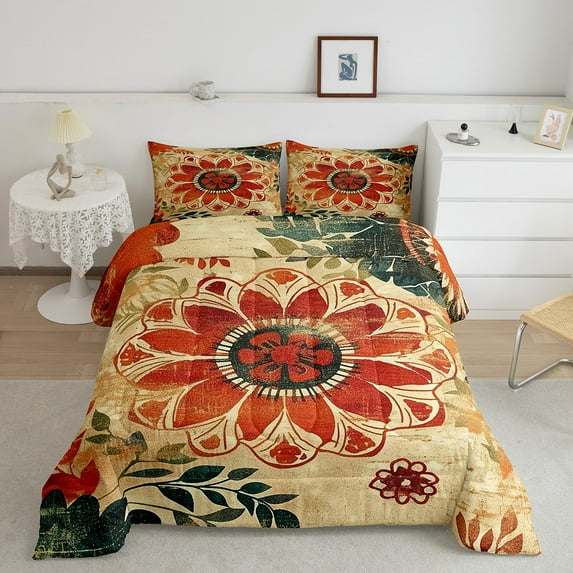 Bohemian Groovy King Size Comforter Set ,Vintage Daisy Flowers Bedding Set Teens,Bohemian Hippy Indie 1960S 1970S Duvet Set,Botanical Floral Down Comforter