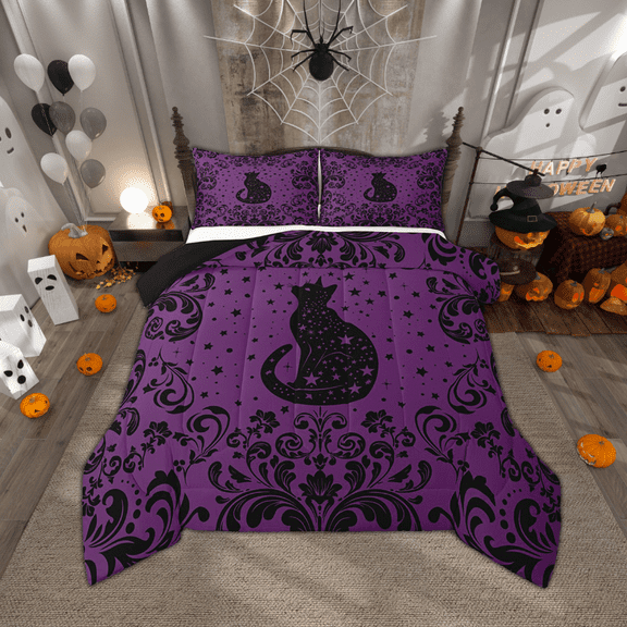 Boho Black Cat Full Bedding Set Purple Black Halloween Gothic Comforter Set Women Exotic Damask Floral Goth Cat Bedding Comforter Sets Hippie Stars Moon Animal Bed Set