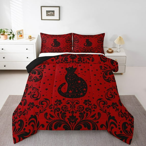 Boho Black Cat Queen Comforter Set ,Black Red Halloween Gothic Bedding Set Teen Men Exotic Damask Floral Animal Goth Bedding Comforter Sets Stars Cat Bed Duvet Set