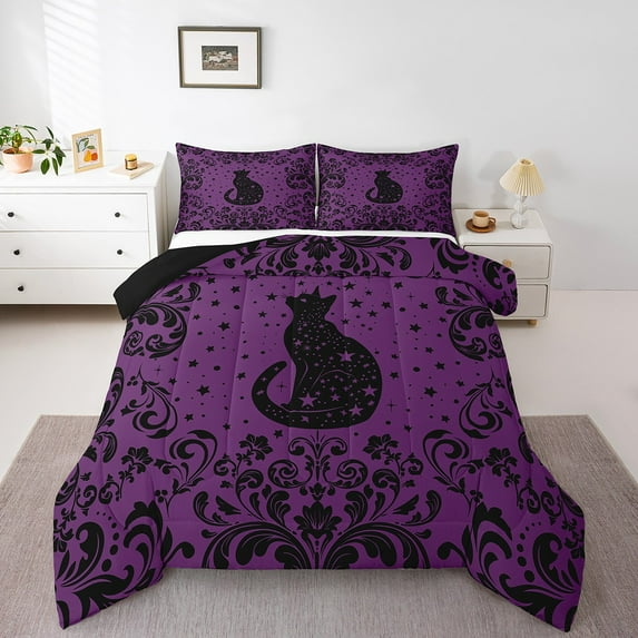 Boho Black Cat Twin Bedding Set Purple Black Halloween Gothic Comforter Set Women Exotic Damask Floral Goth Cat Bedding Comforter Sets Hippie Stars Moon Animal Bed Set