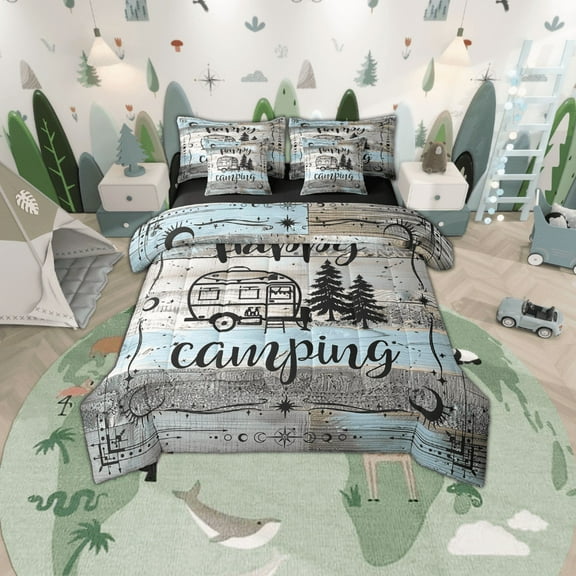 YST Boho Camper Decor Comforter Set 7 Piece Twin Happy Camping Bedding Set Rv Accessories Bed In A Bag For Travel Trailers Bunks,Rustic Farmhouse Stars Moon Bed Set Blue Grey