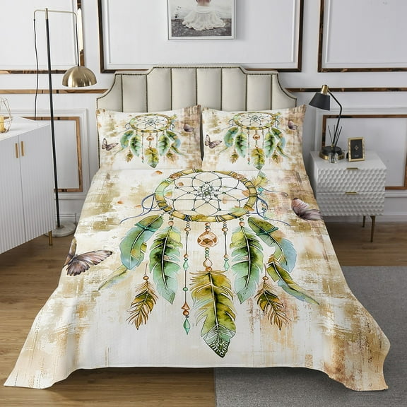 Boho Dreamcatcher King Bedspread Set Gold Brown Oil Painting Quilt Set,Ombre Gradient Art Coverlet Set Bohemian Feathers Bedding Set,Butterfly Bed Cover