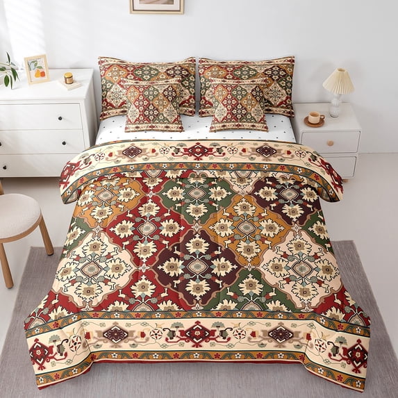 Boho Floral 7 Pcs Comforter Set King, Retro Flower Grid Bedding Set, Tribal Fashion Bohemian Tribal Lacy Bed in A Bag Sheet Set, Vintage Antique Lattice Damask Paisley Room Decor