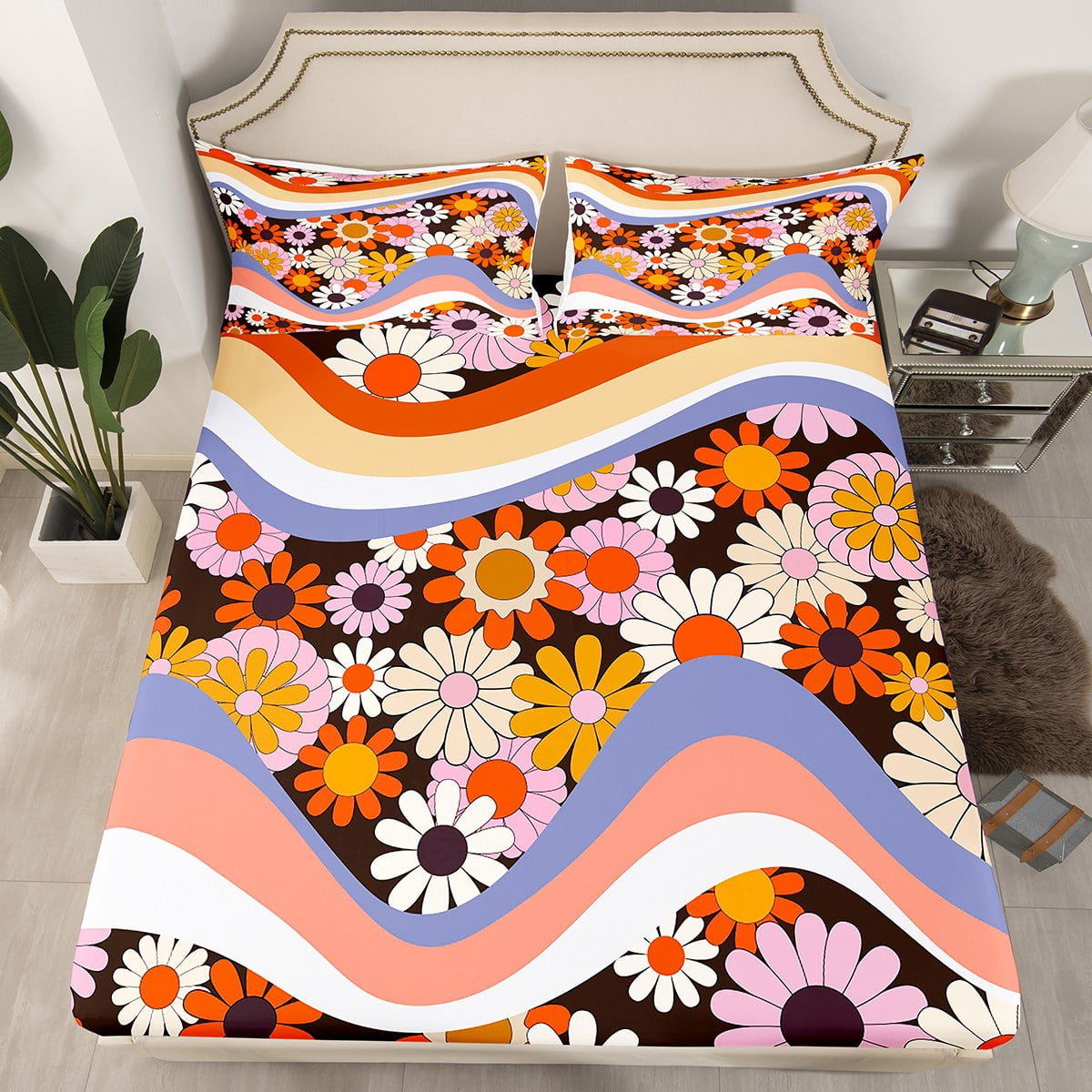 YST Boho Floral Bed Sheets For Girls, Vintage Groovy Flowers Fitted