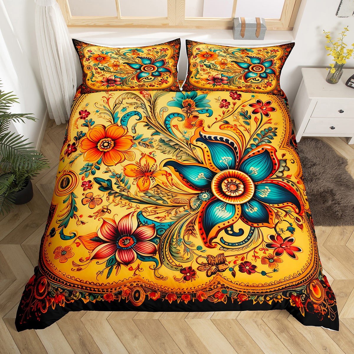 Boho Floral Comforter Cover Bohemian Flowers Bedding Set Full, Vintage ...