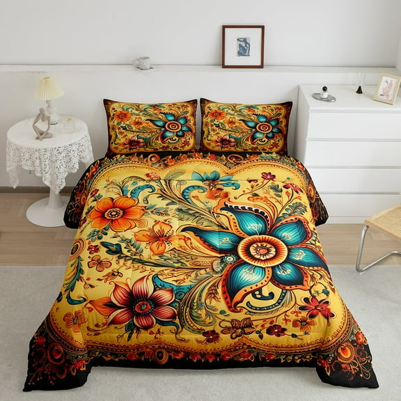 Boho Floral Comforter Set Bohemian Flowers Bedding Full, Vintage Classical Bedding Comforter Sets for Women Men Adults Soft Lightweight Boho Duvet Set for All Season