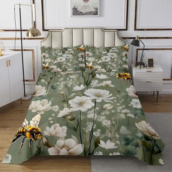 Boho Floral Coverlet King Size Chic Honey Bee Bedding Set Teens Adults,Hippie Flower Bedspread Set Tropical Leaves Quilt Set,Modern Farmhouse Bed Set