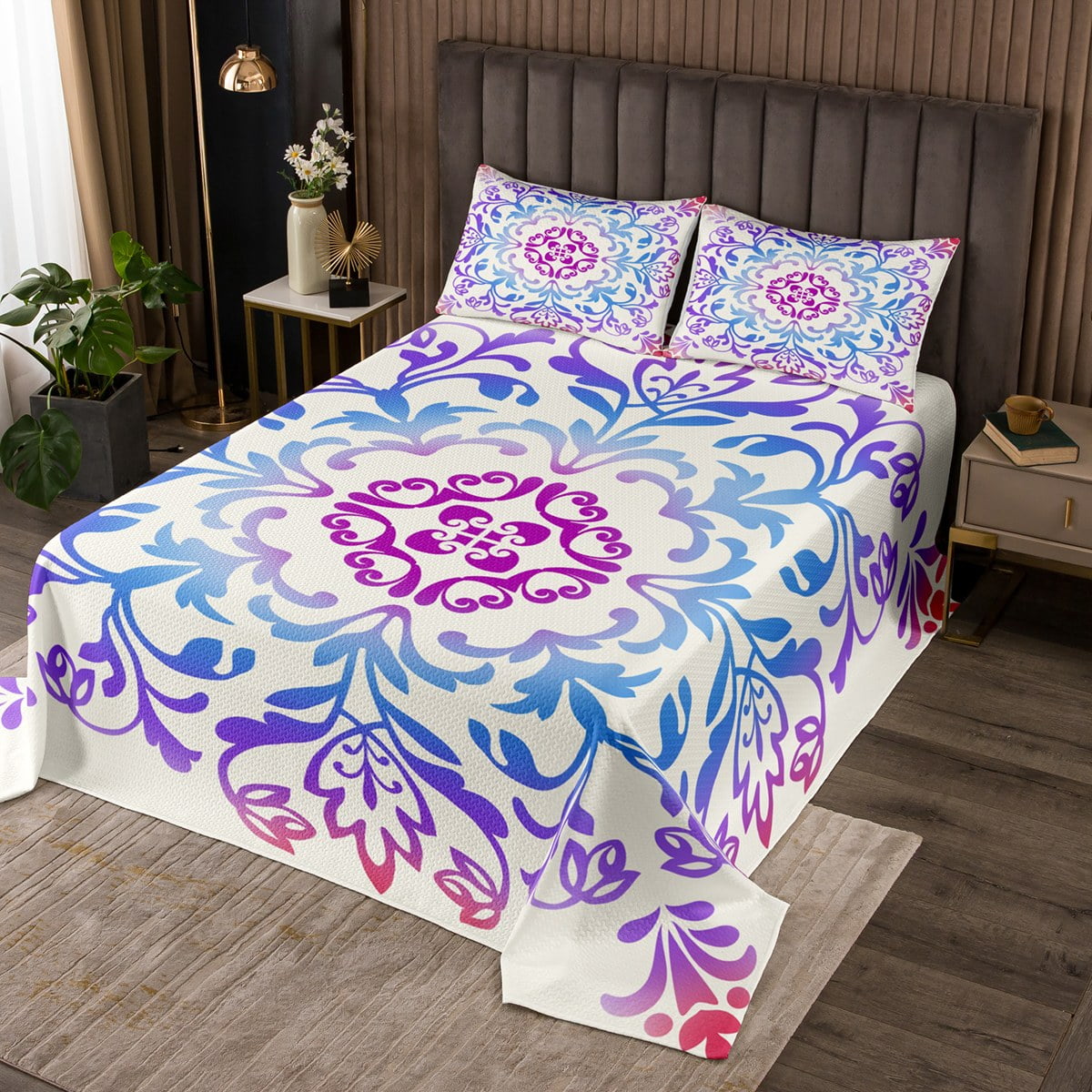 YST Boho Floral Quilt Set,Bohemian Flower Coverlet Set King Watercolor Ombre Pattern Exotic ...